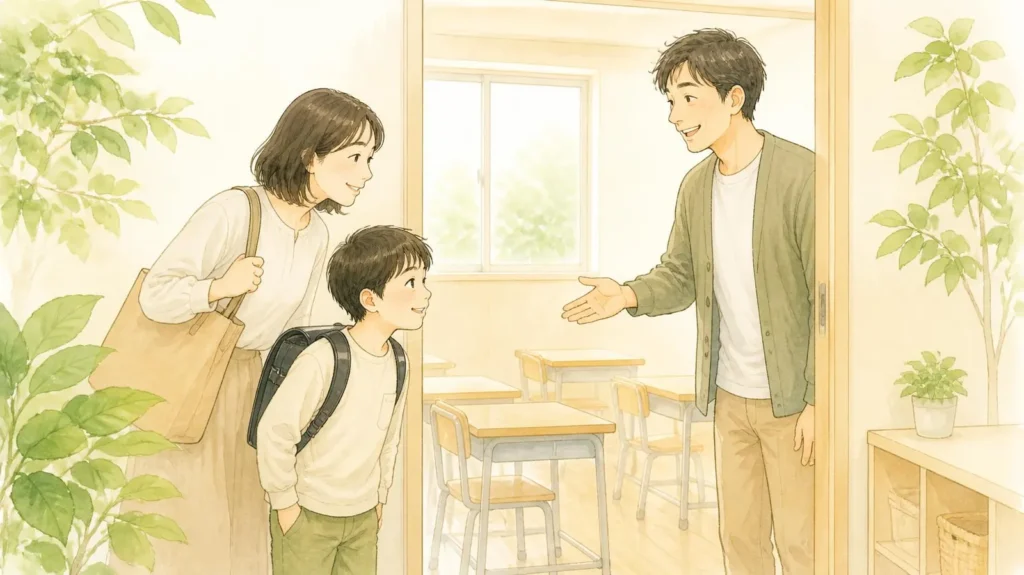 英語教室の体験に訪れた親子を迎える講師のイラスト
