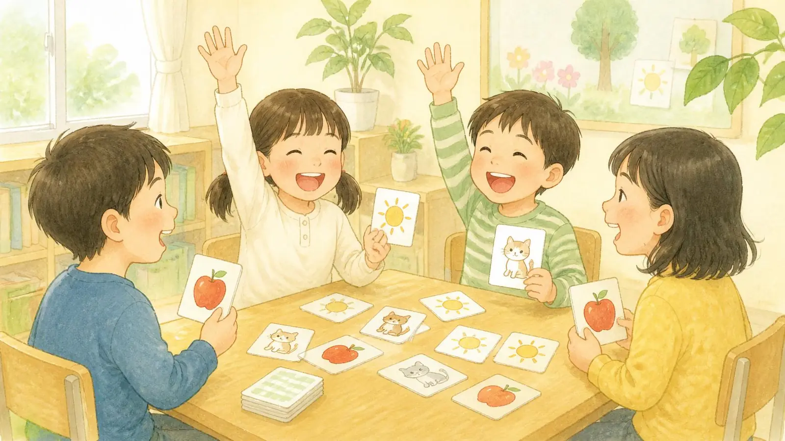 カードゲームで楽しく英語を学ぶ小学生のイラスト
