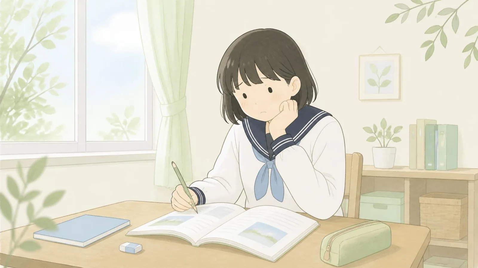 英語の問題集の前で悩む中学生のイラスト