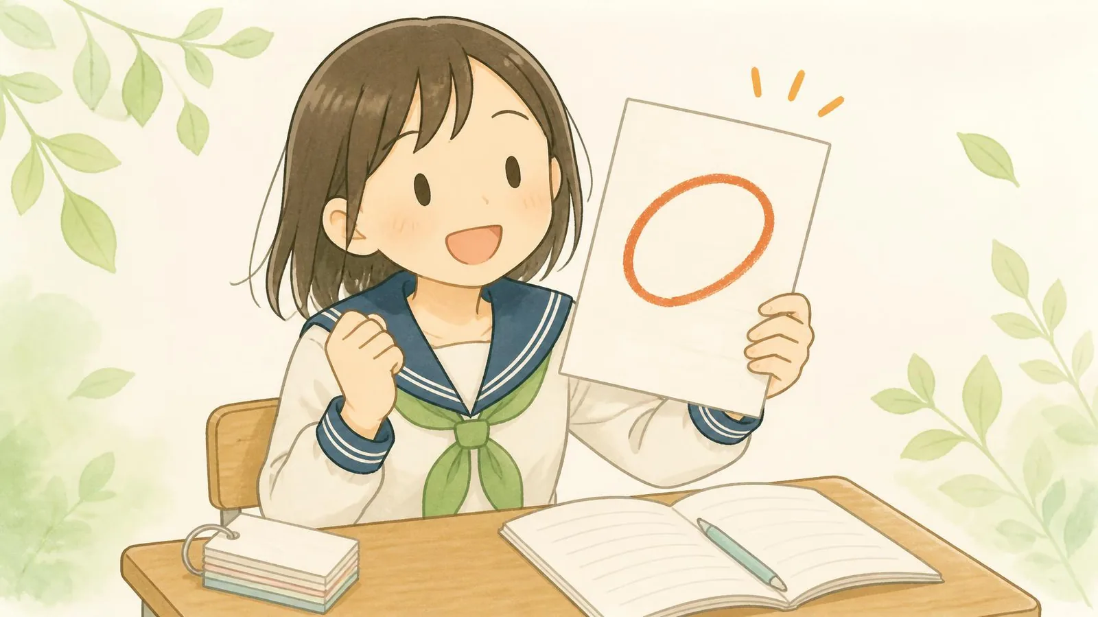 返ってきたテストを笑顔で見せる中学生のイラスト