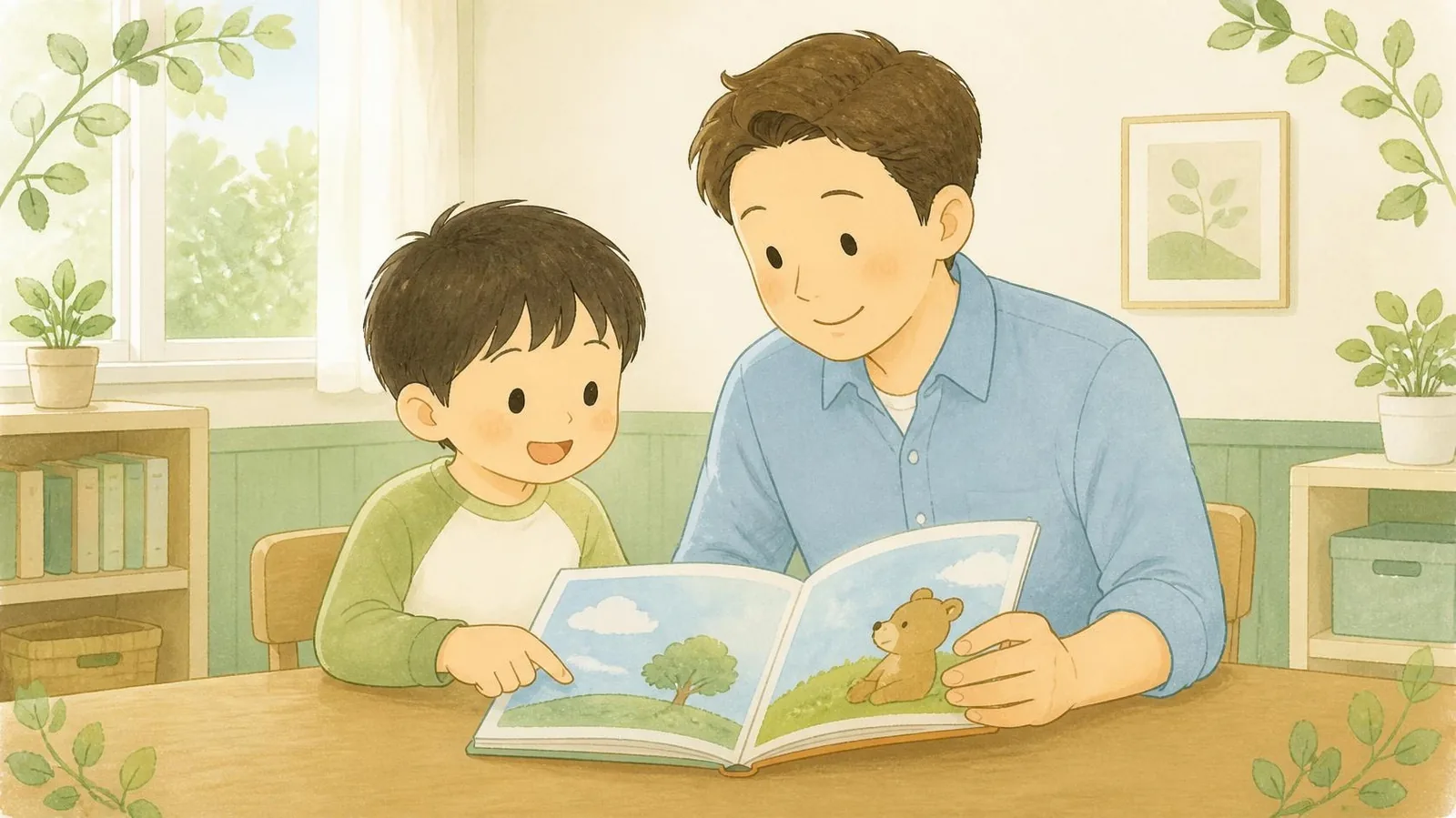 先生と英語の絵本を読む小学生のイラスト