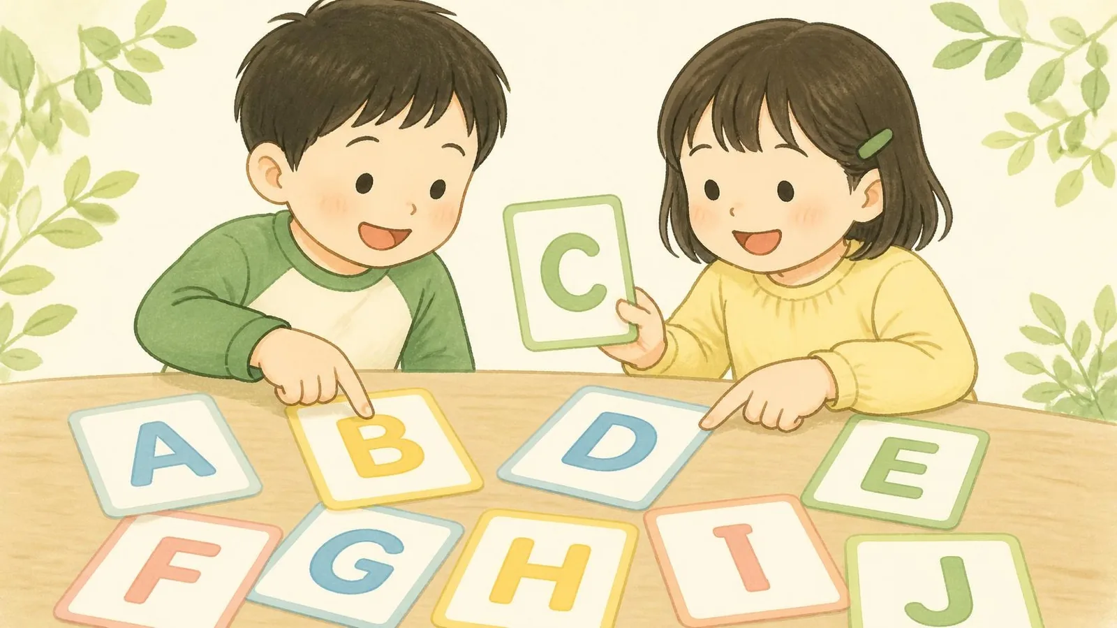 アルファベットのカードで遊びながら英語を学ぶ低学年の子どものイラスト
