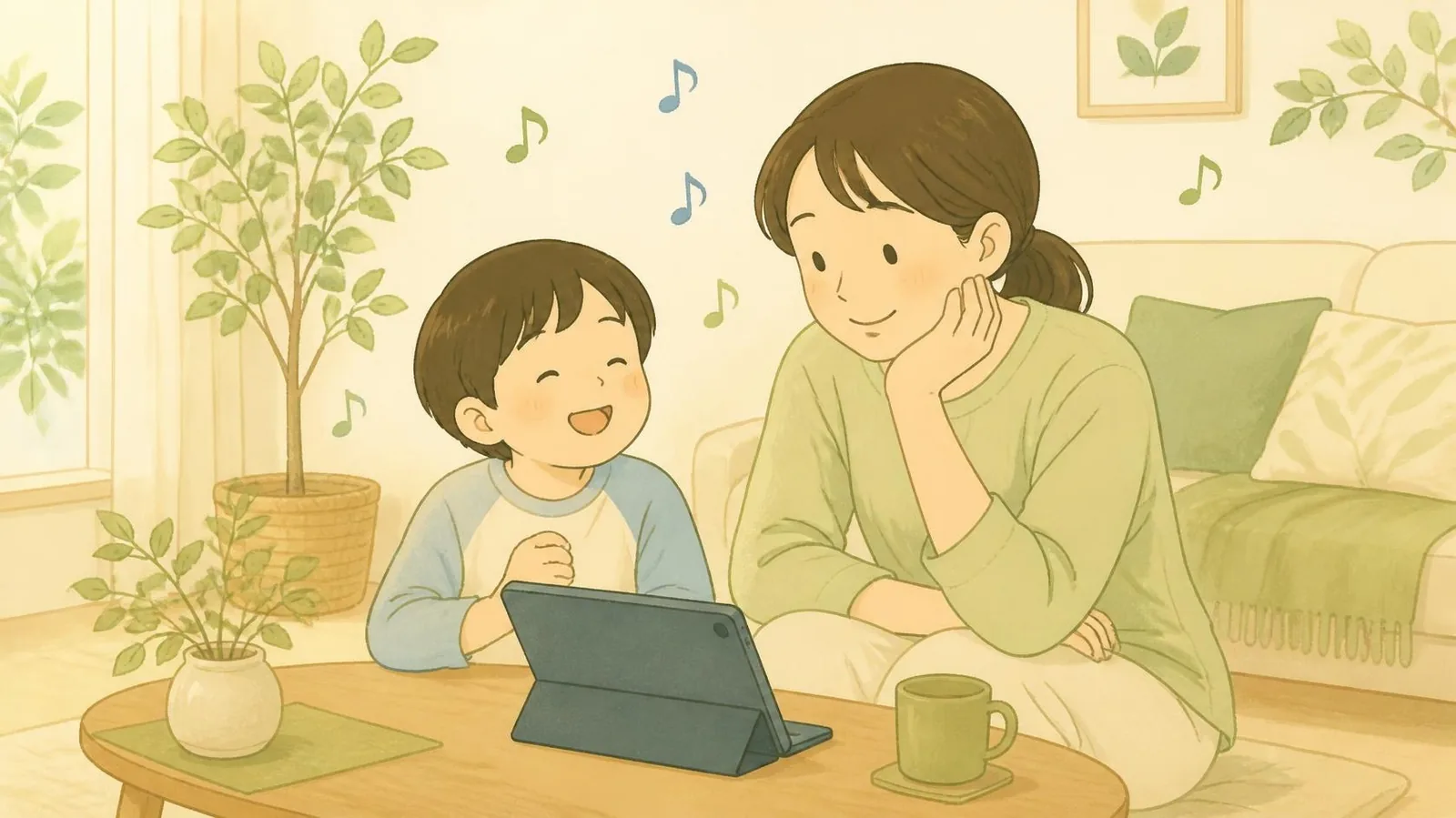 家でタブレットの英語の動画を楽しむ子どもと保護者のイラスト