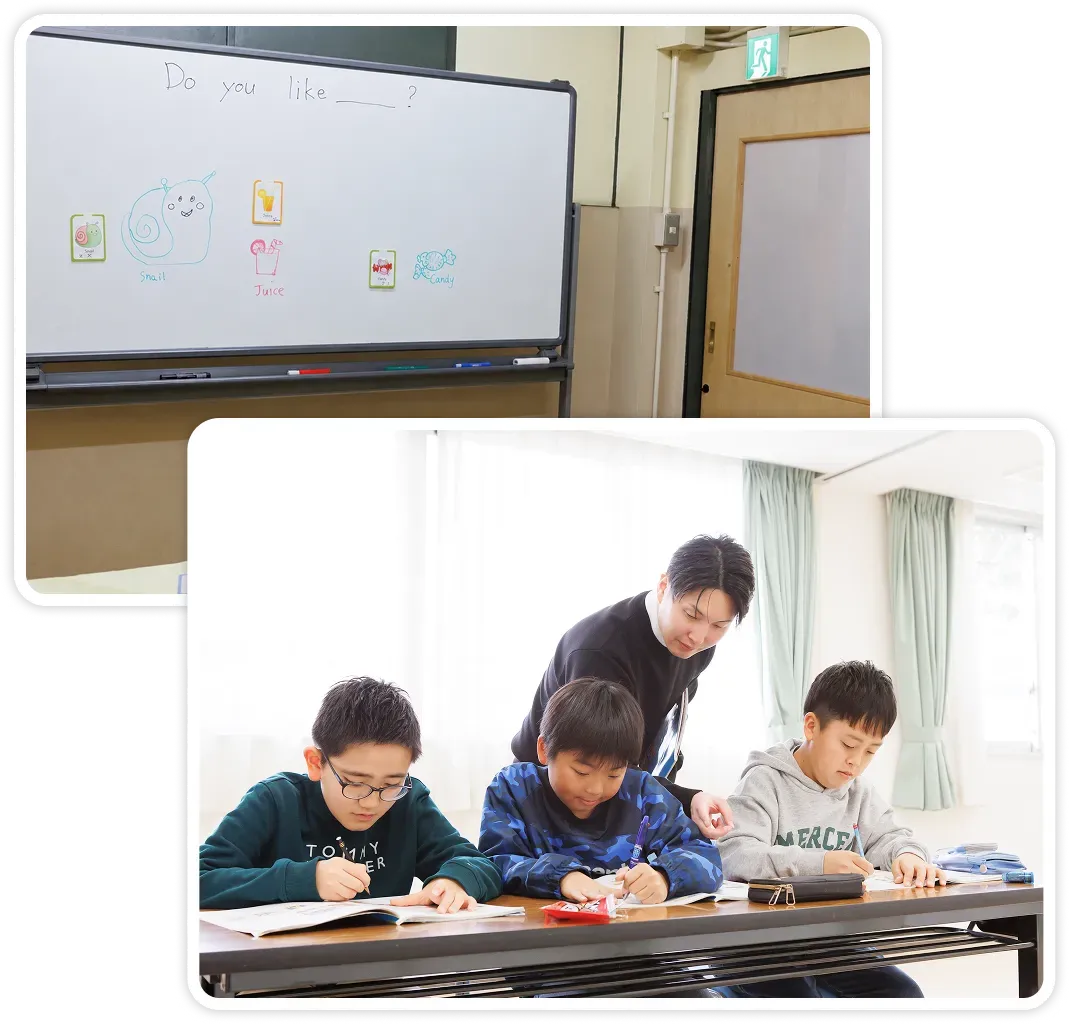 ホワイトボードのイラストやテキストを取り入れた小学生英語の少人数グループレッスン