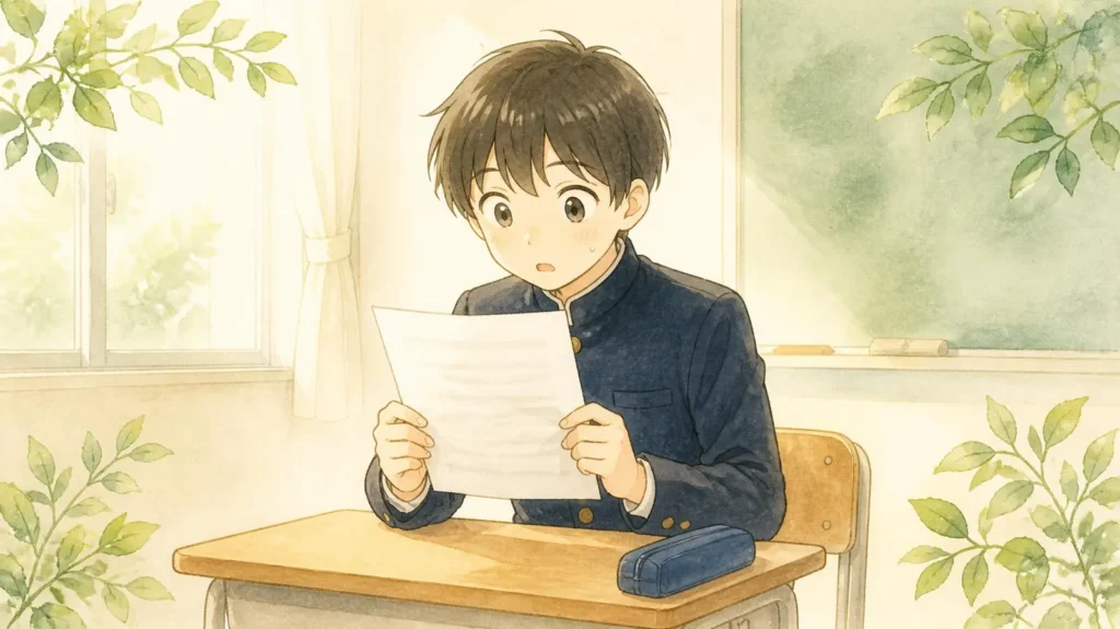 中学最初の英語の定期テストの結果を見て驚く中学1年生のイラスト